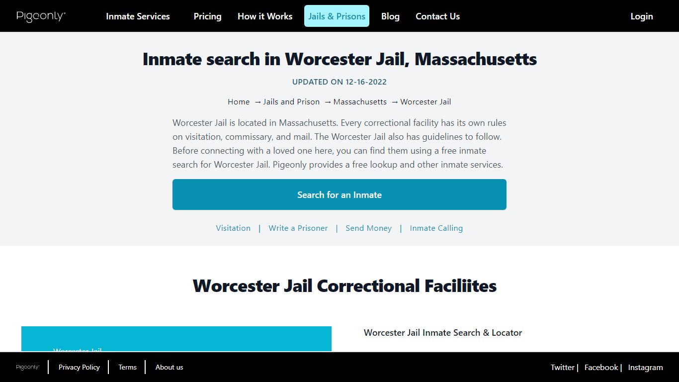 Inmate Search Worcester Jail, Massachusetts | Pigeonly